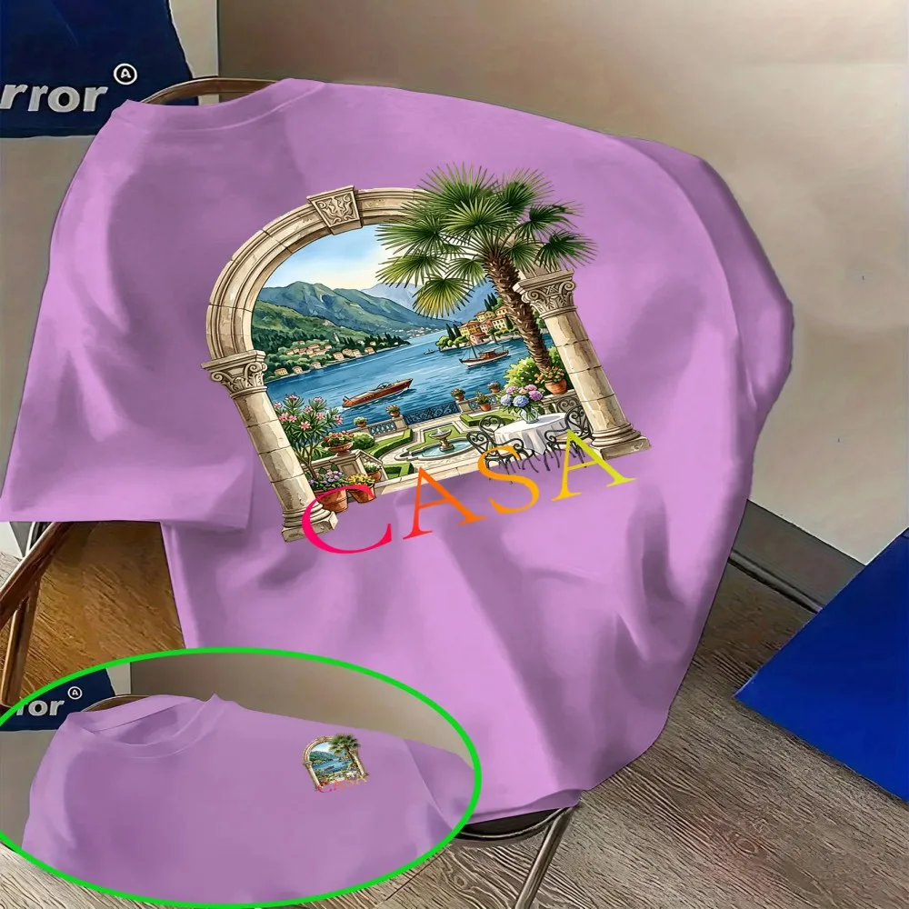 European resort-style cotton top featuring a classic stone archway print and a watercolor design of Lake Como gardens and yachts