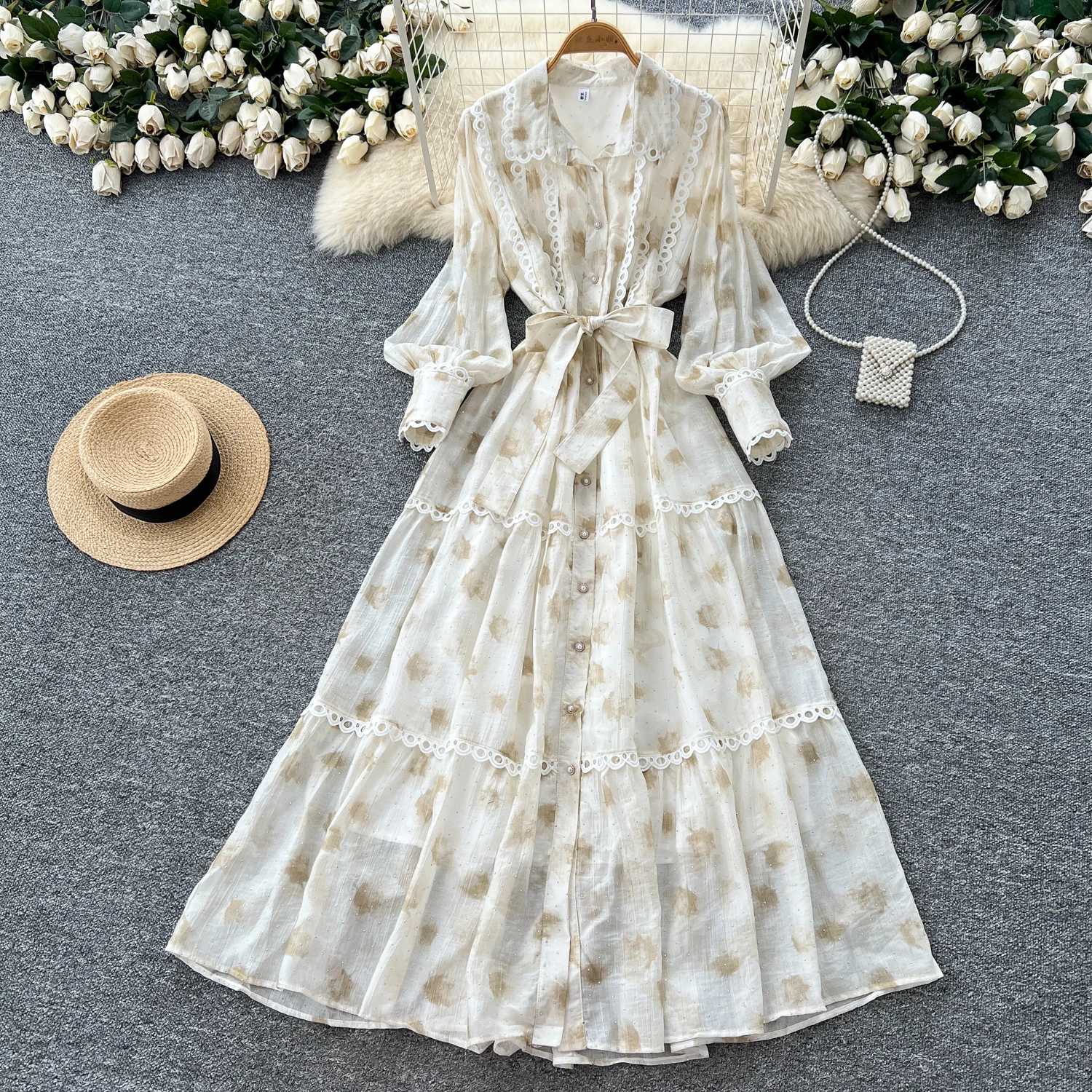 Chic vintage rhinestone lace-up slim Elegant Fairy korean fashion Boho Sundress women clothing Long dress