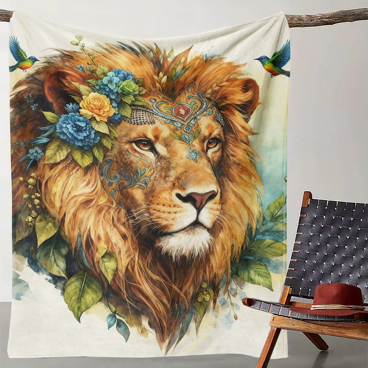 

1 Piece of Watercolor Floral Painted Lion Blanket Literary and Artistic Animal Flannel Throw Blanket