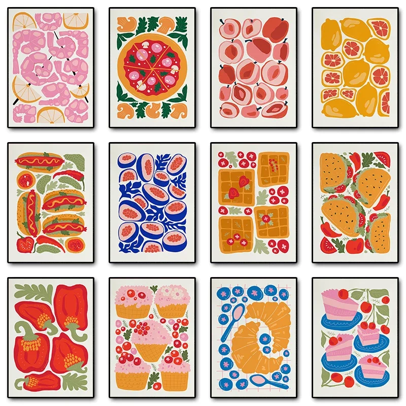 Multiple sizes 1pc frameless Canvas Painting Hot Dog Hamburger Pizza Cake Food Abstract Poster Print Canvas Painting Wall Art Pi