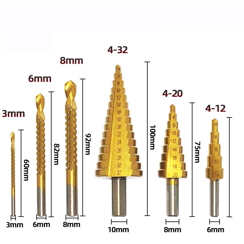 Juego de brocas chapadas en titanio, cortador de agujeros de Metal, herramienta de sierra de perforación de núcleo de cono de madera, perforación de