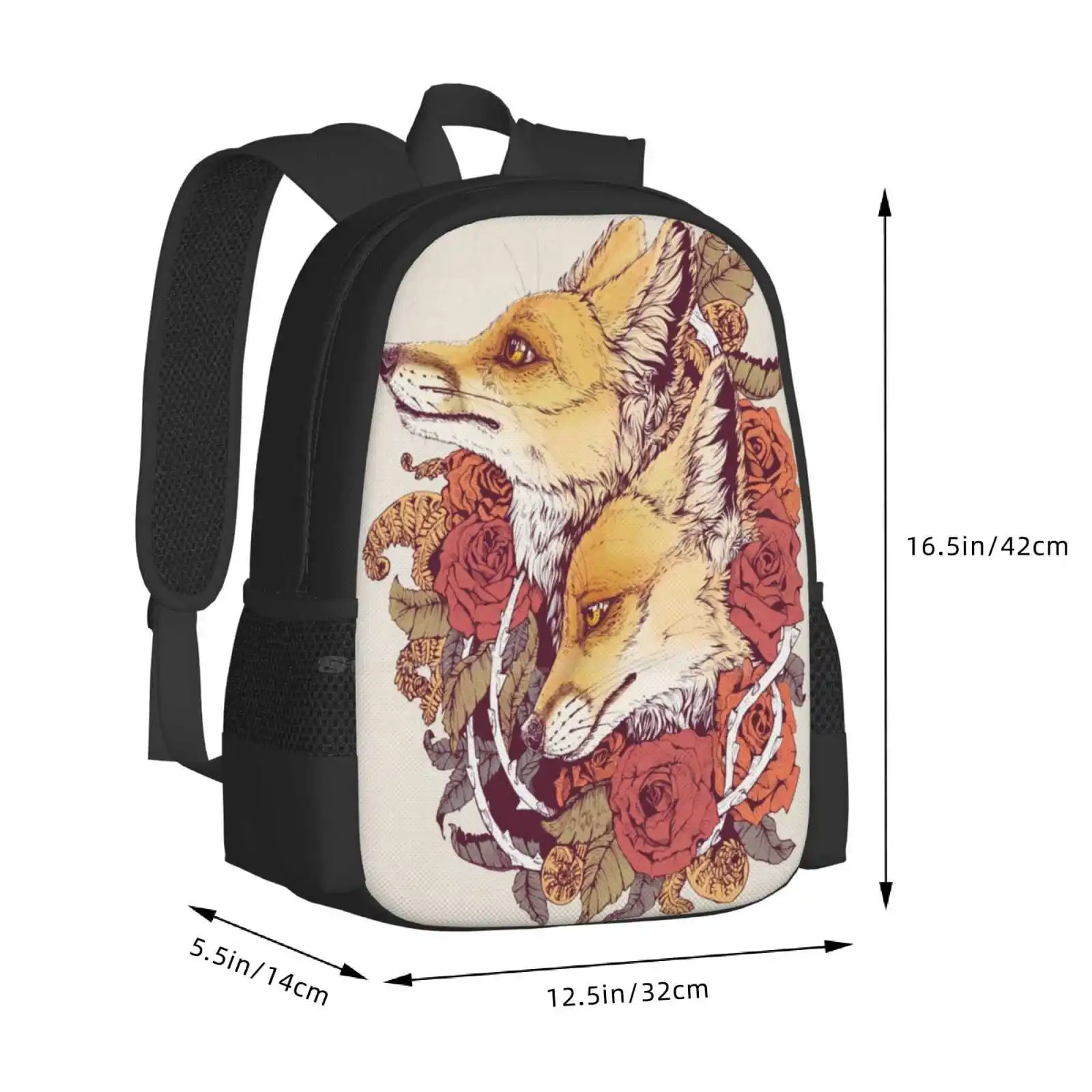 Mochila Red Fox Bloom para homens e mulheres, mochila para adolescentes, rosas, raposas vermelhas, Vixen, vulpes, floral, bud, samambaia, espiral, espinhos, natureza