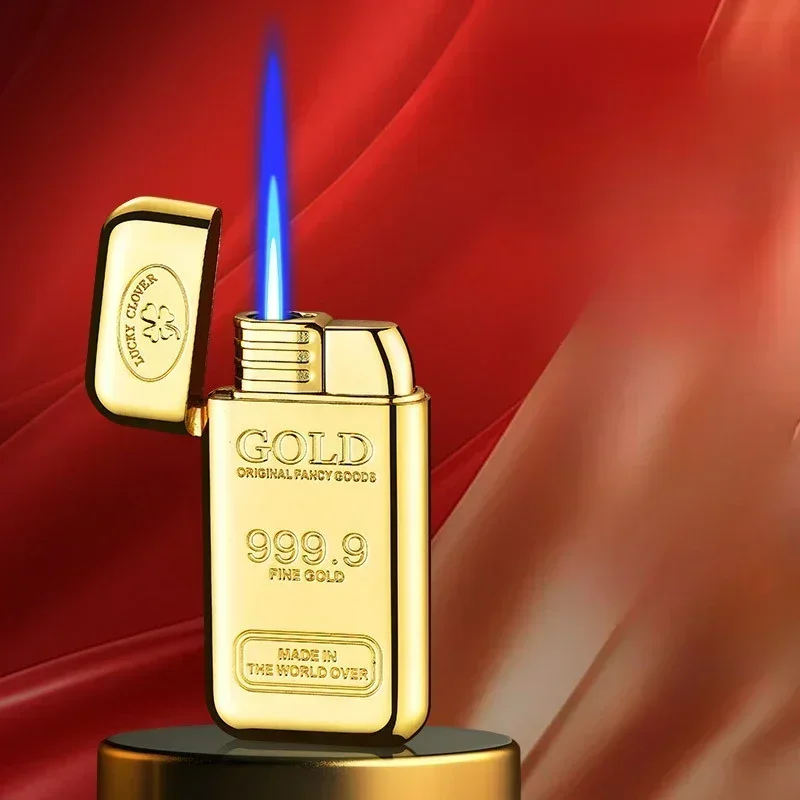 Windproof Jet Blue Flame Torch Lighter, Creative Gold Brick Metal Body, Small Portable Cigar Lighter Smoking Wholesale