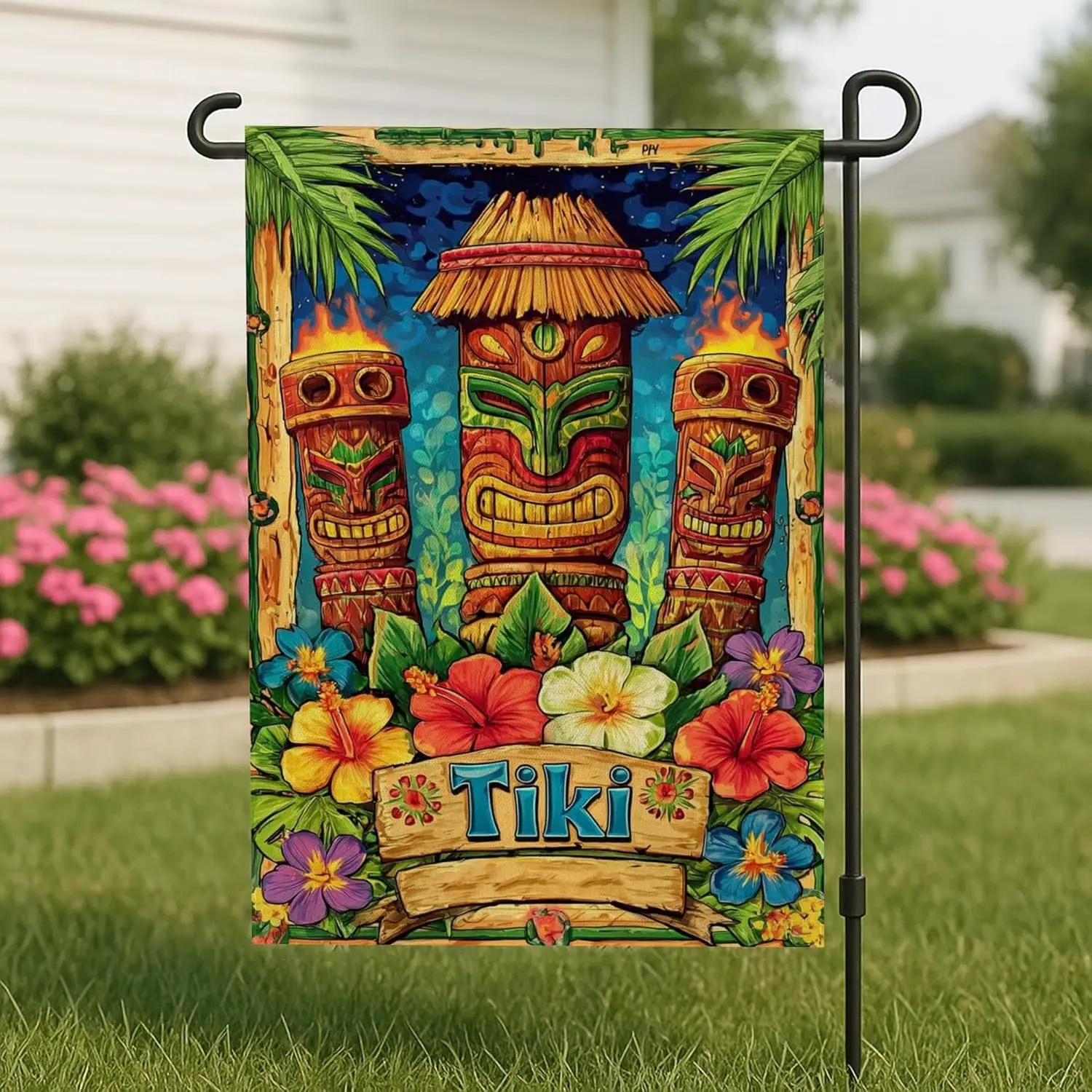 Tiki Themed Garden Flag, Vibrant Colorful Tropical Decor Banner, Double Sided Outdoor Lawn Decoration for Summer Parties 12x UUX