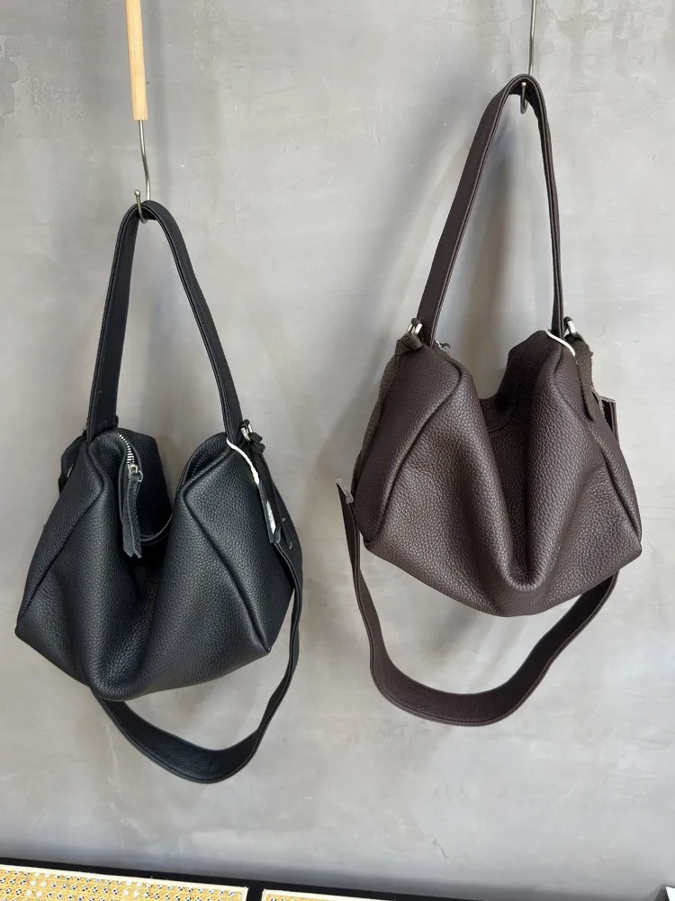 Fashion Leisure Ladies Zipper Cowhide Bowling Bag New Womens Soft Real Leather Shoulder Bags Solid Color Strap Crossbody Bags