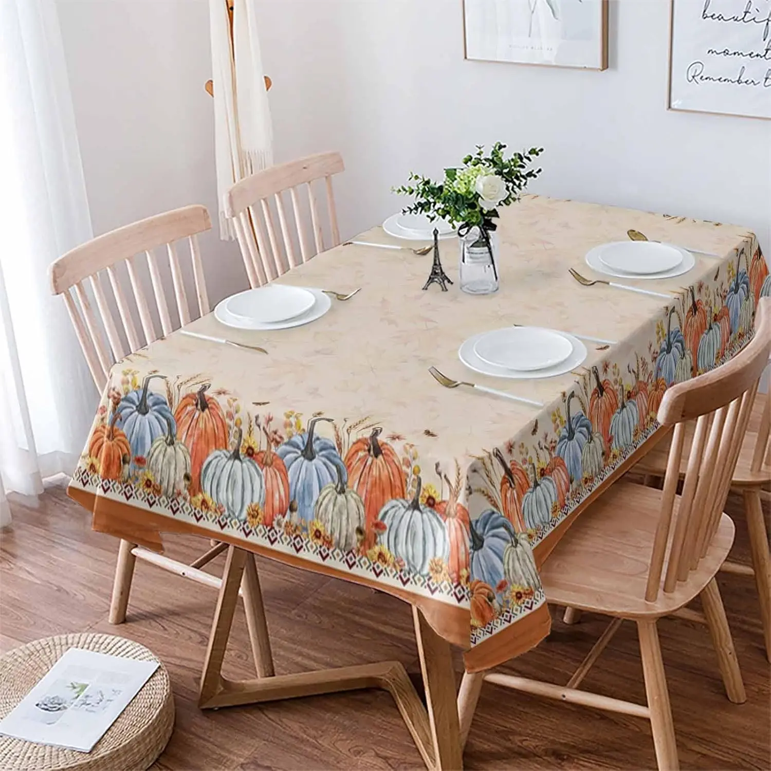 Fall Thanksgiving Pumpkin Maple Leaf Tablecloth for Table Decor Reusable Farmhouse Kitchen Dining Tablecloth Holiday Party Decor