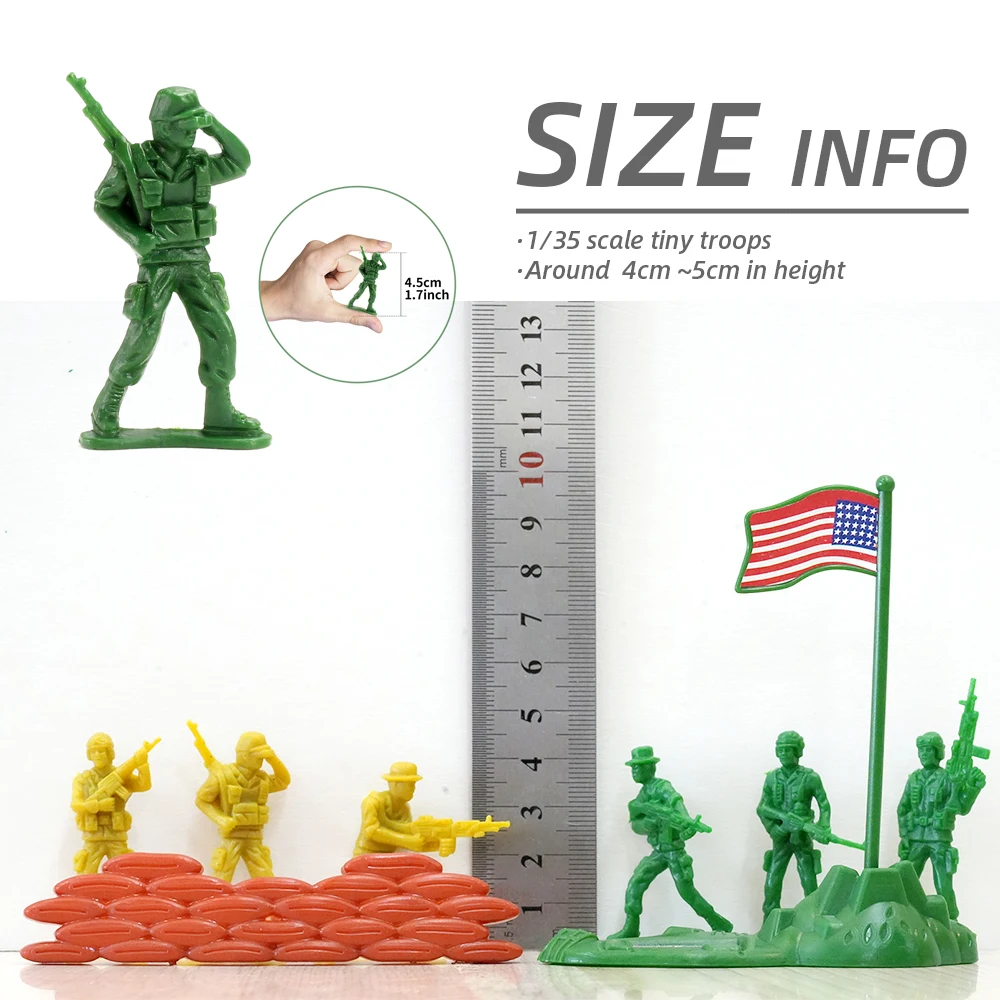 ViiKONDO Army Men zabawka figurka zielony plastikowy żołnierz 12 pozuje Tan Guy Military US Flag UK work 50 szt. Prezent dla dziecka do gier wojennych