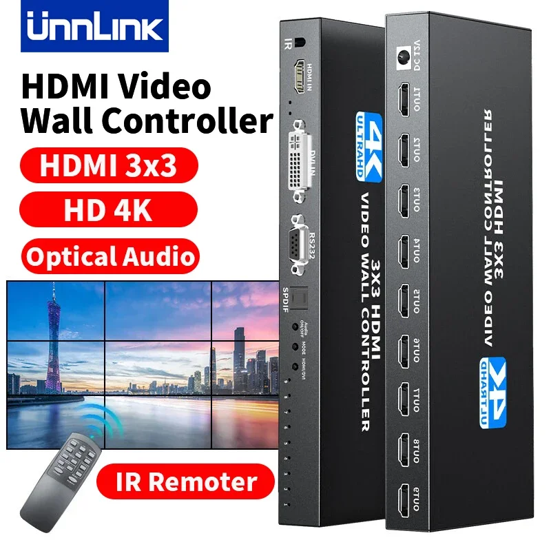 Unnlink 4K HDMI Video Wall Controller 3x3 HDMI DVI Video Wall Processor Splitter 2 In 9 Out Switch 1X2 1X4 1X3 2X1 2x3 3x2 4X2