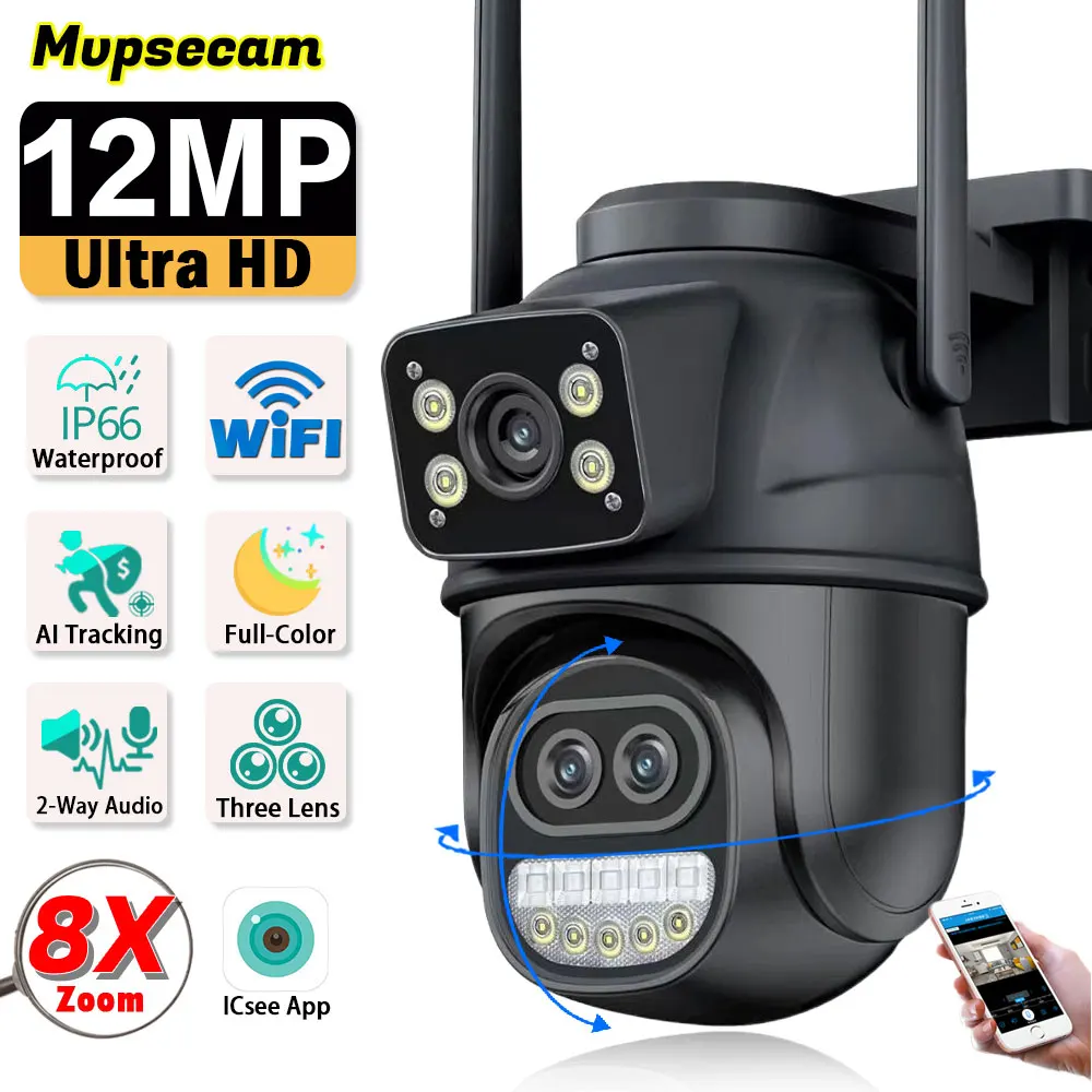 ICSEE kamera keamanan WIFI cerdas, kamera keamanan tiga lensa 12MP 8K perbesaran 8X luar ruangan HD Video pengawasan IP IPTV CCTV PTZ pelacakan otomatis