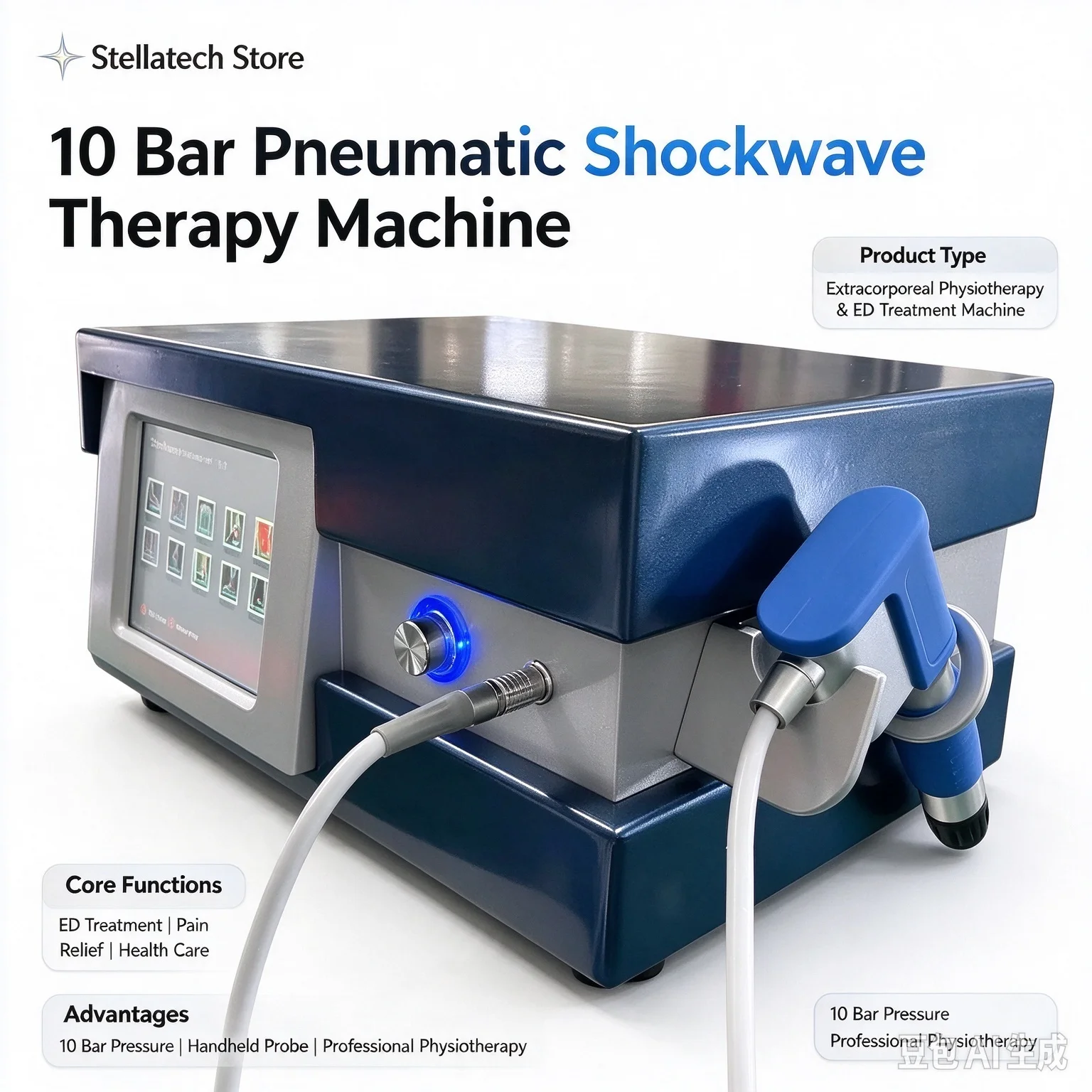 10 Bar Pneumatic Shockwave Therapy Machine Extracorporeal Physiotherapy Shock Wave ED Treatment Pain Relief Health Care Tools