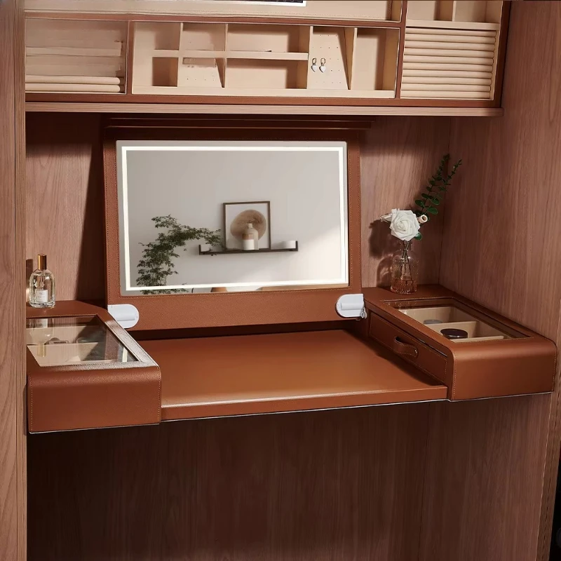 Makeup mirror, retractable basket mechanism with AI lift system and leather decorative jewelry cabinet