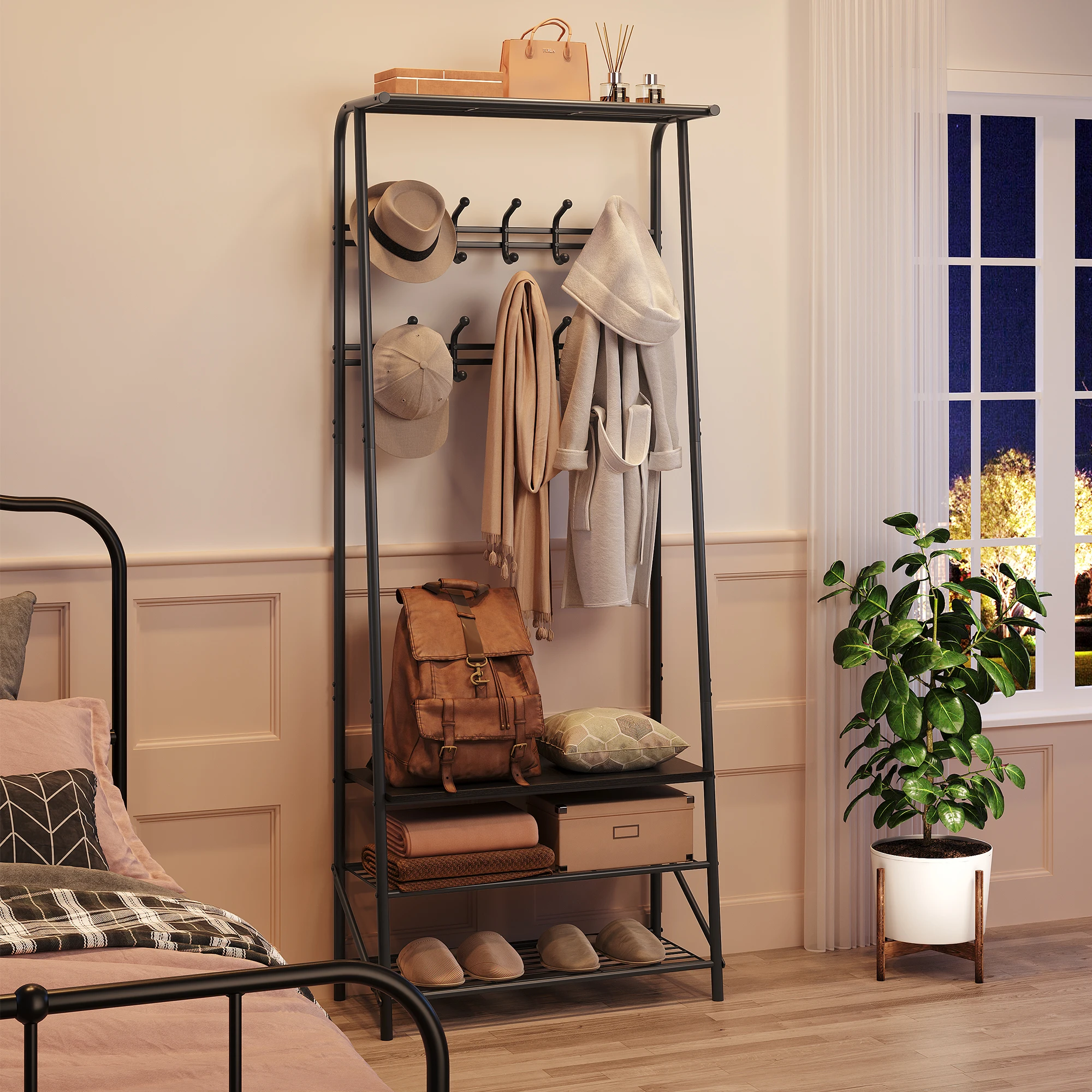 Garderobenständer, 4-in-1-Kleiderständer für den Flur, Schuhbank im Eingangsbereich mit Metallrahmen, 3-stufiges Regal und 10 Haken für den Eingangsbereich, Flur – Detail 7