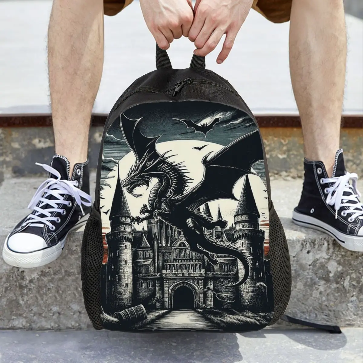 Fantasy Mythical Dragon And Castle Backpack Daypack Large Capacity Children BookBag School Bag Shoulder Bags for Men Women