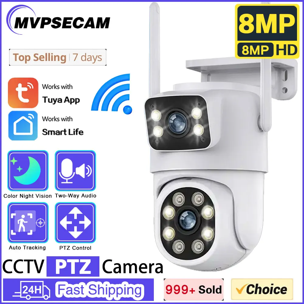 

Tuya 4K 8MP PTZ Wifi Security Camera Dual Lens with Dual Screen Ai Auto Tracking Wireless CCTV Surveillance Camera Smart Life