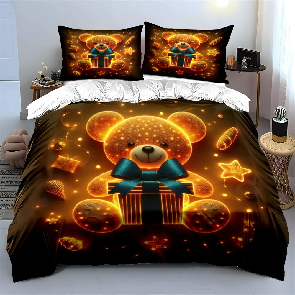 Glowing teddy bear with a blue bow gift box Print Duvet Cover Bedding Set Included 1*Duvet Cover 2*Pillowcases