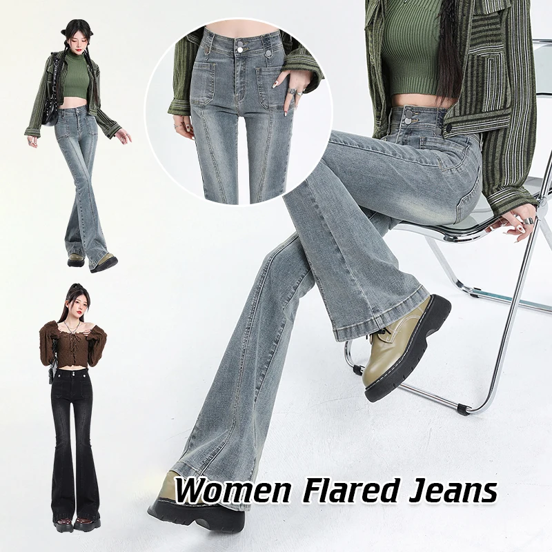Women Vintage High Waist Flared Jeans  Slim Fit Stretch Denim Tights Pants Y2k Fashion Aesthetic Streetwear Casual Trousers