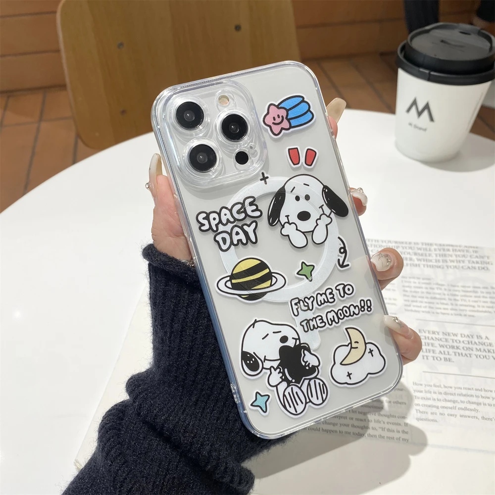 Cute Astronaut Snoopy Magnetic Holder Magsafe Wireless Charge Transparent Phone Case For  iPhone 17 16 15 14 13 Pro Max Cover view 5