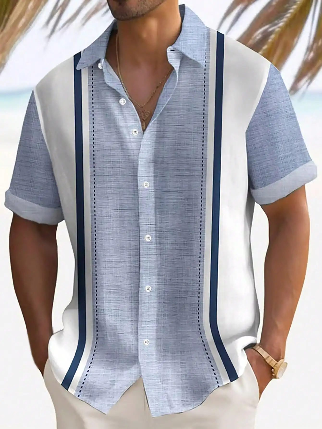 

Men's Lightweight Loose Button-Down Shirt with Vertical Stripe Panel Design