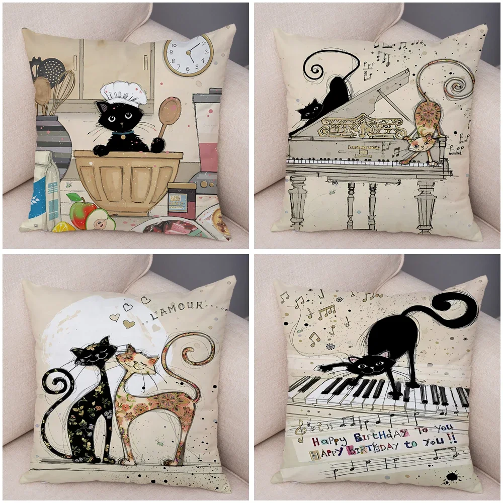 Double Print Cute Elegant Black Cat Cushion Cover Decor Cartoon Animal Pillow Case for Sofa Home Car Soft Plush Throw Pillowcase