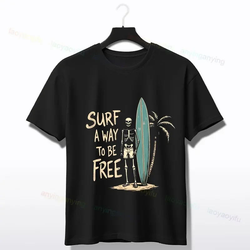 

Surf A Way To Be Free Skeleton Graphic Tee Men Breathable Cotton Casual Trip T-Shirt