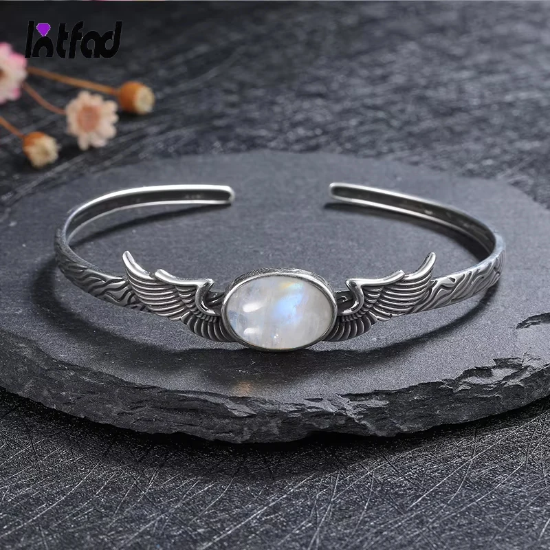 

925 Sterling Silver Bracelet Vintage Natural Labradorite Amethyst Adjustable Bangle for Women Fashion Fine Jewelry Gift