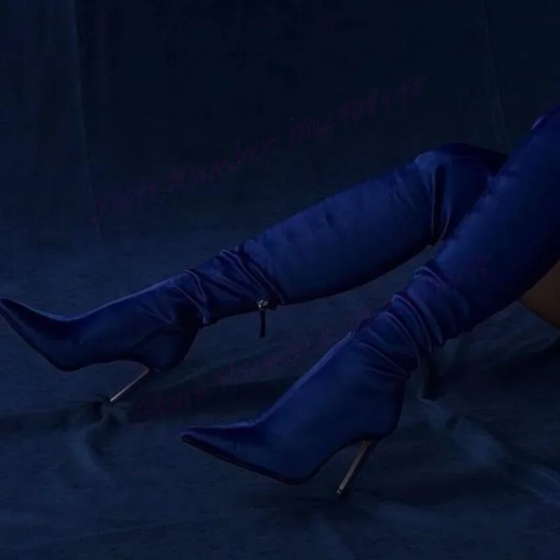 Bottes hautes en Satin bleu pour femmes, chaussures Sexy à bout pointu, au-dessus du genou, talons hauts fins, 2024 Zapatos Para Mujere