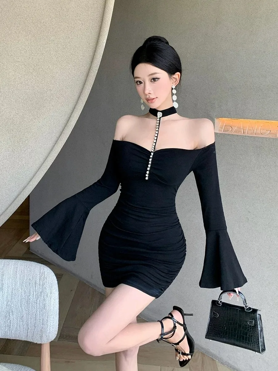 Lady Rheinstone Hanging Neck Autumn Dresses Elegant Slash Neck Flare Sleeve Winter Dress Women Hip Skinny Black Purple Dresses