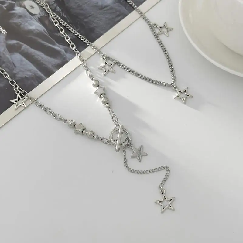 Punk-Rock Silberfarbene Vortex-Stern-Anhänger-Kette Mehrlagige Halskette für Frauen Männer Charms Y2k Grunge Accessoires Schmuck – Detail 14