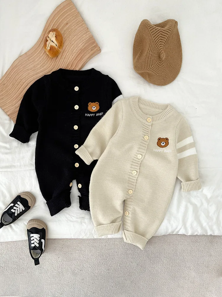 2024 Spring New Baby Long Sleeve Knitted Romper Boy Girl Newborn Cartoon Bear Casual Clothes Infant Sweater Jumpsuit 0-24M