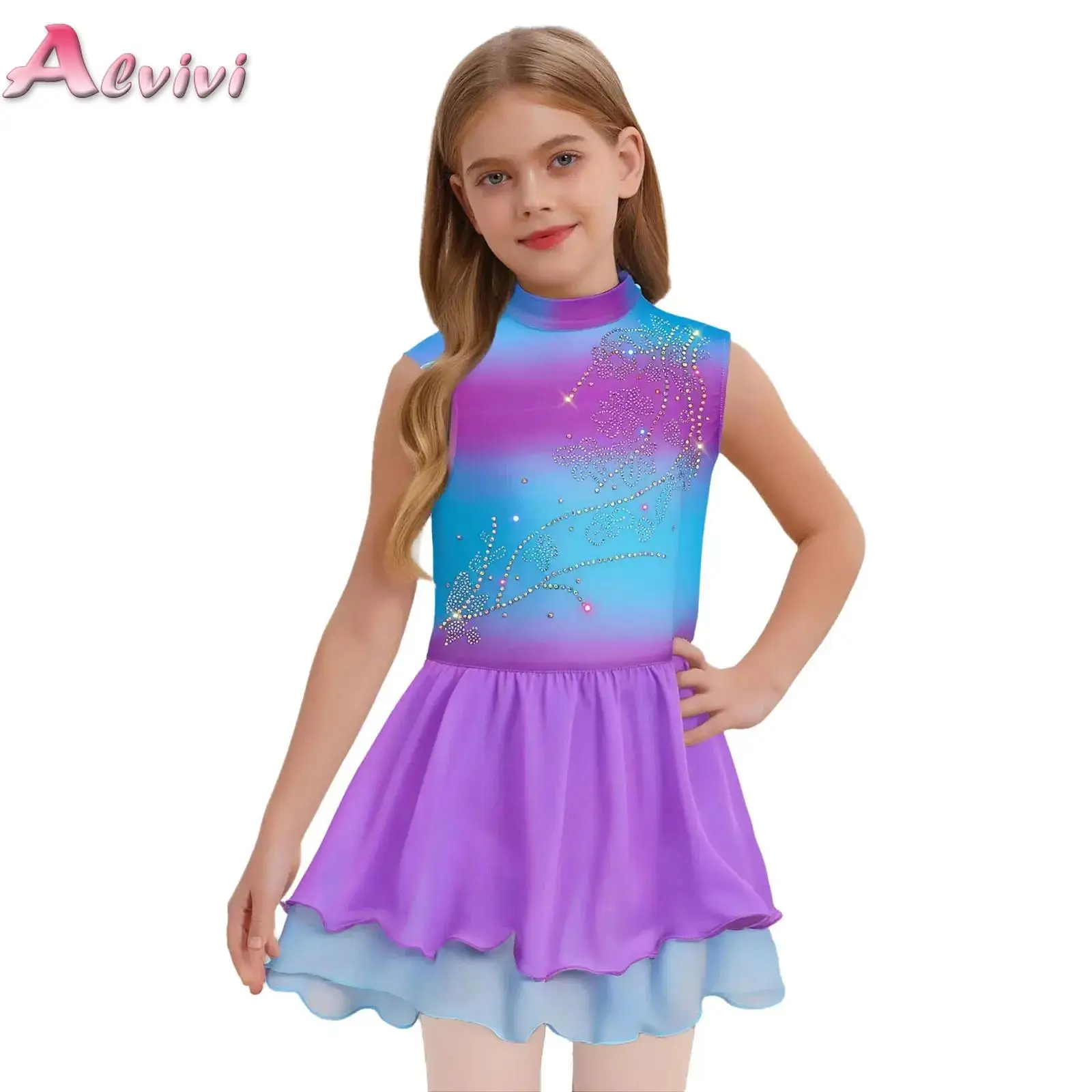 

Kids Girls Figure Skating Performance Rhythmic Gymnastics Leotard Dress Shiny Rhinestones Gradient Color Dress Ballerina Clothes