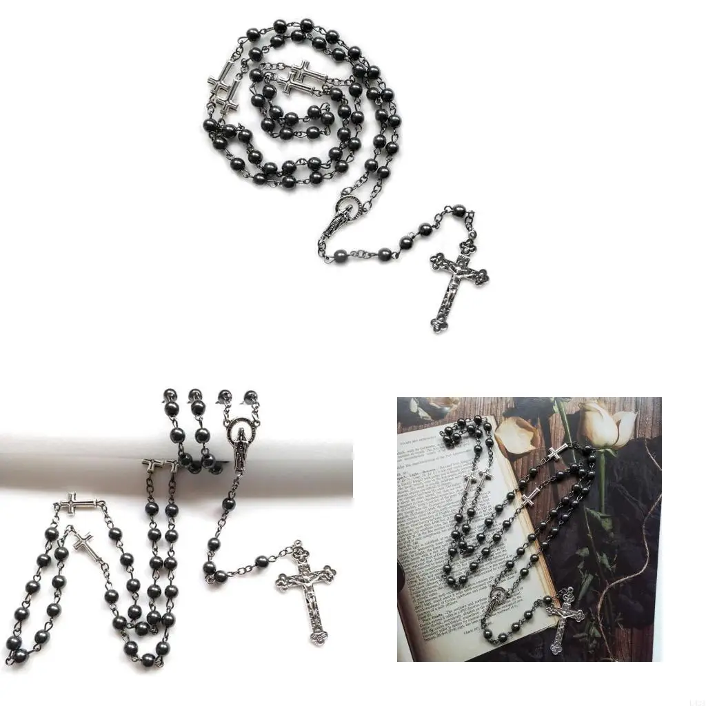 L43A Fashion Handmade Round Beads Catholic Rosary Necklace for Cross Pendant Religious Jesus Necklaces Men Women Jewelry Charm