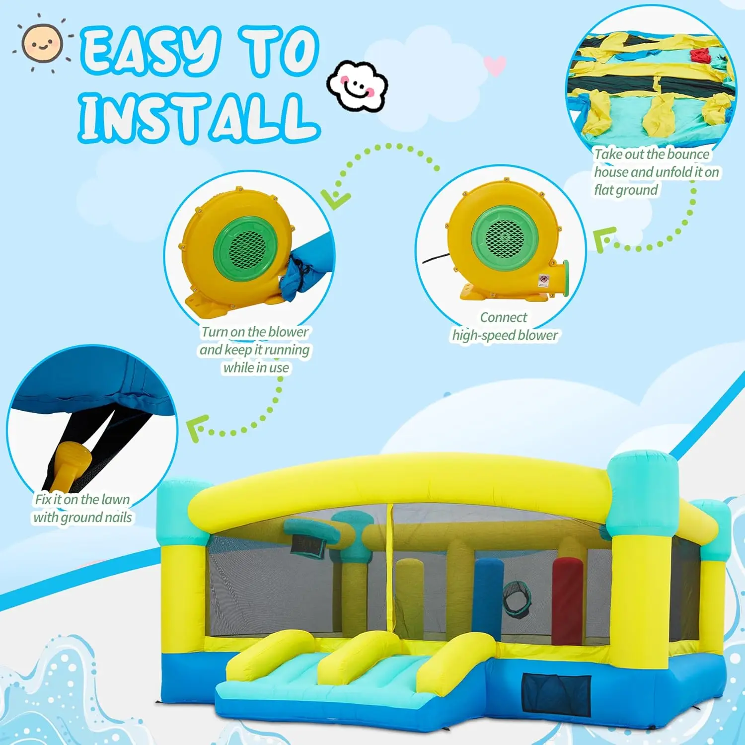 Big Bounce House, château gonflable de 15 x 14,8 pieds pour enfants de 3 à 12 ans, maison gonflable extérieure/intérieure avec souffleur, diapositives, obstacles, Tr