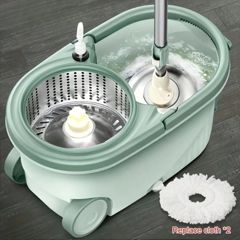 Double Drive Spin Mop And Bucket Set, Hands-Free Self-Wringing Floor Mop System With 2 Replacement Microfiber Pads, Wet & Dry Cleaning For Hardwood, Tile, Laminate & Wood Floors
