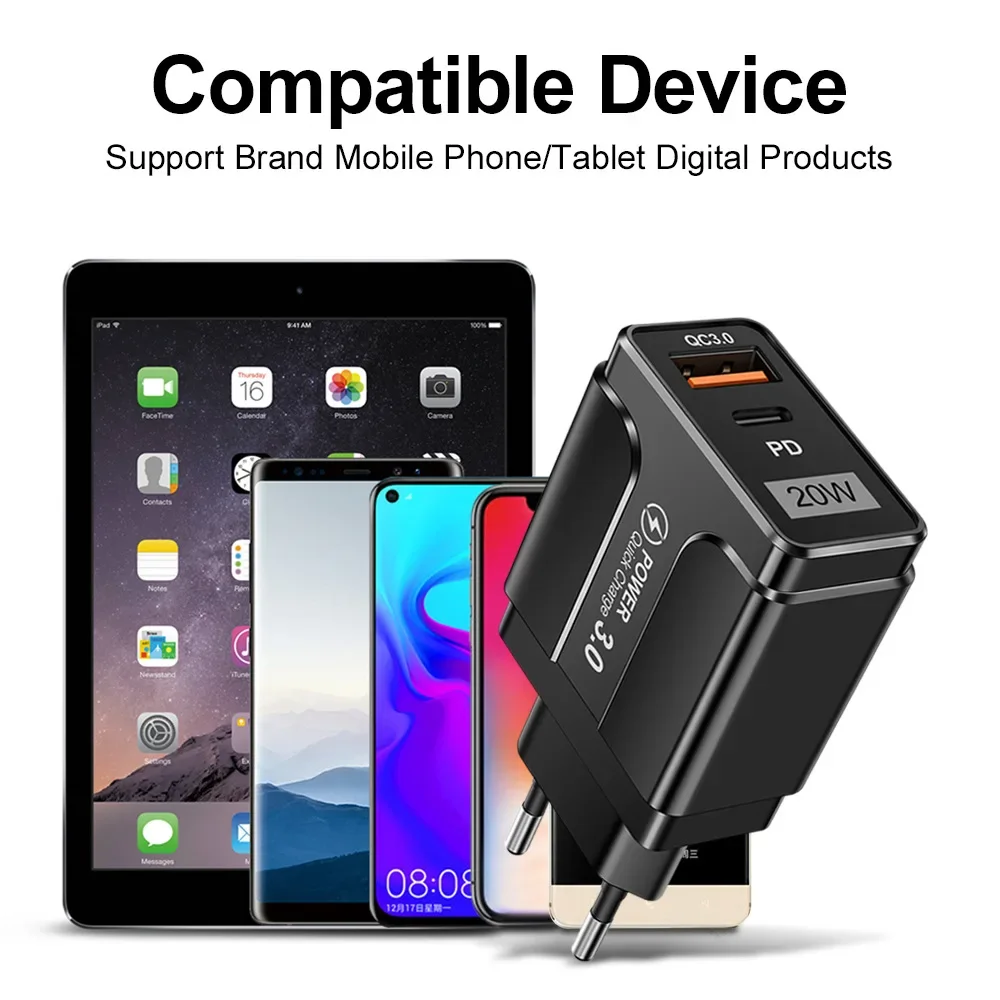 PD 20W USB Type C Charger Fast Charging QC3.0 Portable Charger 2 In 1 Power Adapter Dual Ports Quick Charging Wall USB Charger
