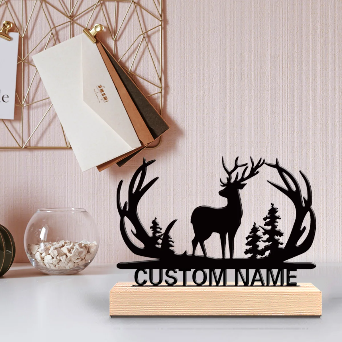 1pc Creative forest elk Custom Letter Metal Statue Iron Ornament Handicraft With Wood Base With Wood Base For Friend Gifts
