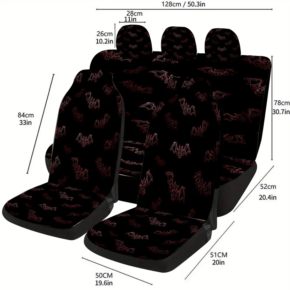 Black Background Bat Pattern With Red Outline, Cute Themed Car Seat Cover Set. Suitable For Most Cars, Fashionable And Trendy Un