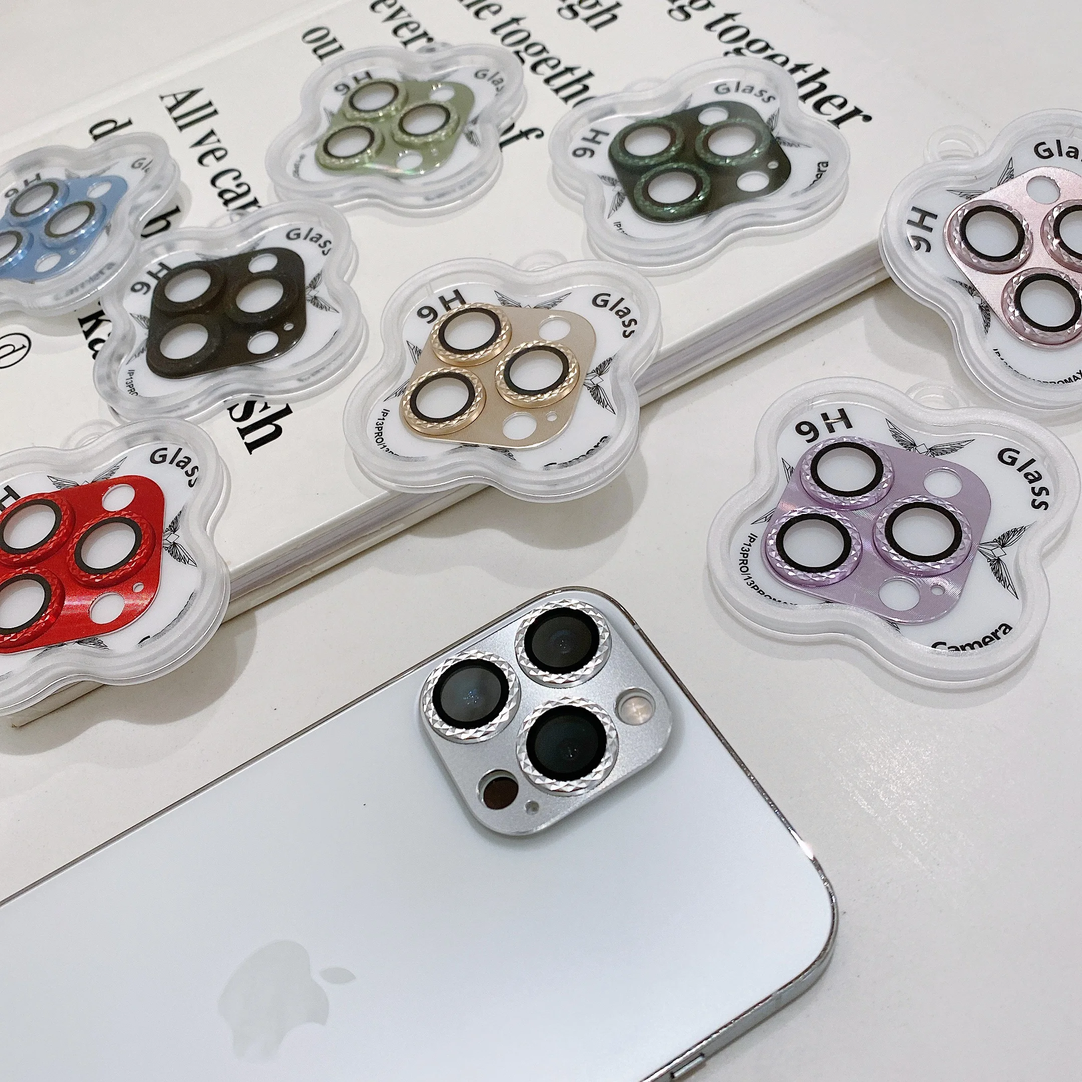 واقي شاشة من الزجاج المقسى ، غشاء تغطية ، 9 ساعة ، حلقة معدنية ، iPhone 11 ، 12 ، 13 ، 14 ، 15 Pro Max ، Mini ، 14 ، 15 Plus