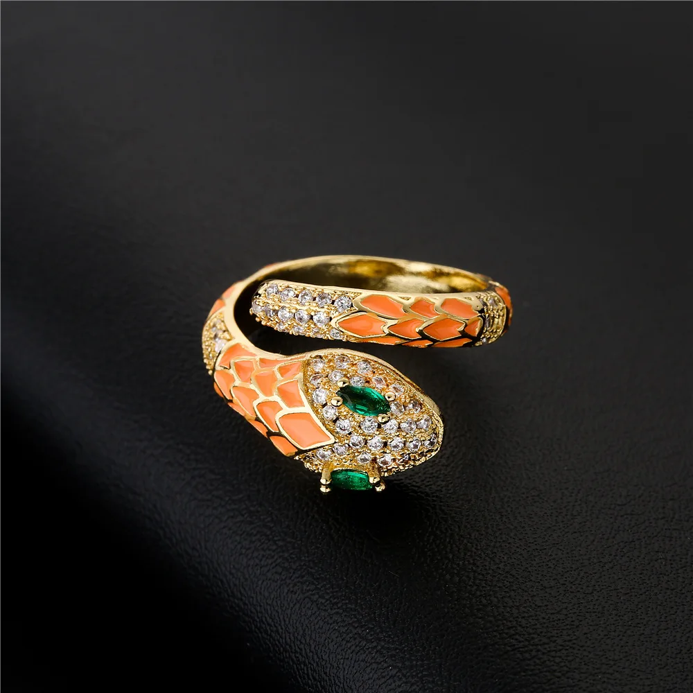 Dropping Oil Open Rings For Women Luxury Zircon Snake Ring Gold Color Adjustable Rings Animal Jewelry