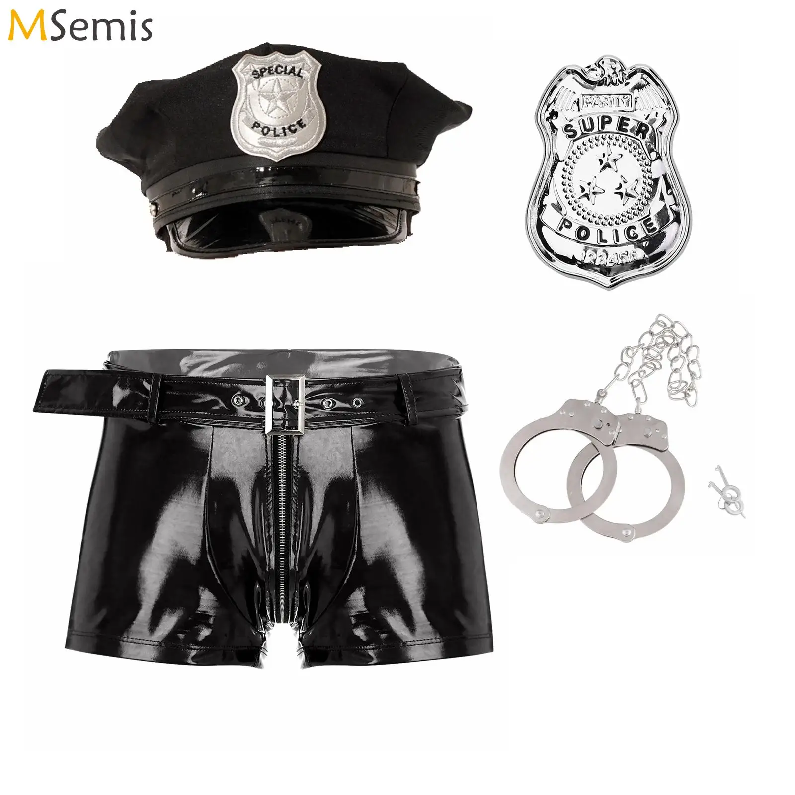 

Mens Policeman Costume Wet Look Leather Zipper Boxer Shorts Police Officer Hat Badge Cuffs Cop Uniform for Halloween Nightclub