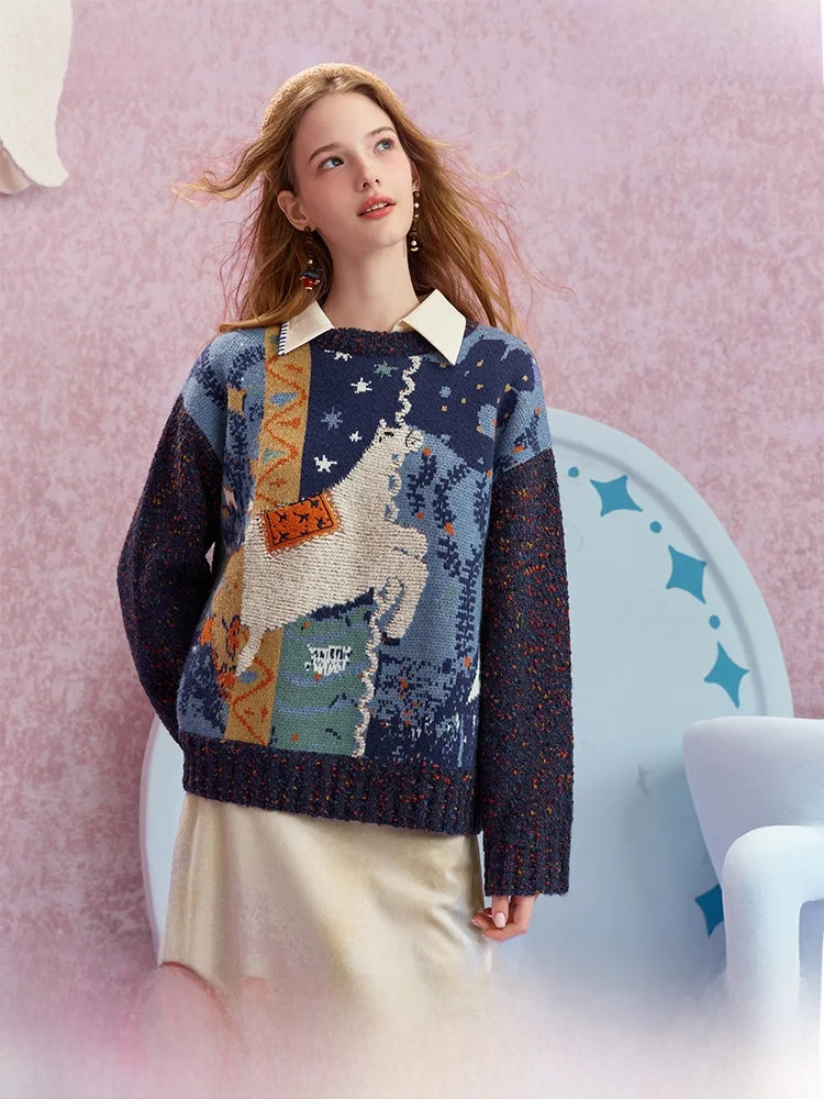 

Свободный женский вязаный свитер с милой вышивкой в виде забавных животных, объемная 3D-вышивка, осенняя новинка, две части