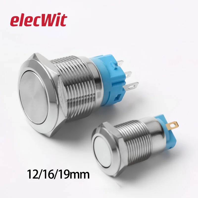 

5 шт., 19 мм, мгновенный, с плоской головкой, металлический кнопочный переключатель, самосброс, самоблокирующийся, без светодиода, 12 В