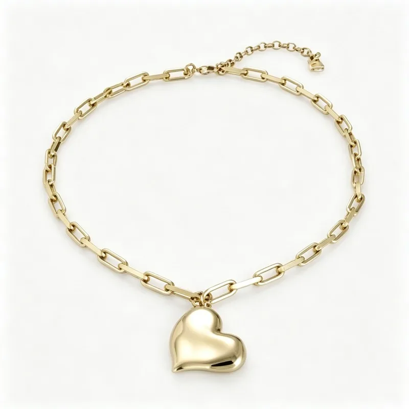 Cable Chain Necklace with 3D Heart Pendant for Women, Gold Plated Brass, Minimalist Elegant, Daily Casual & Gift Giving