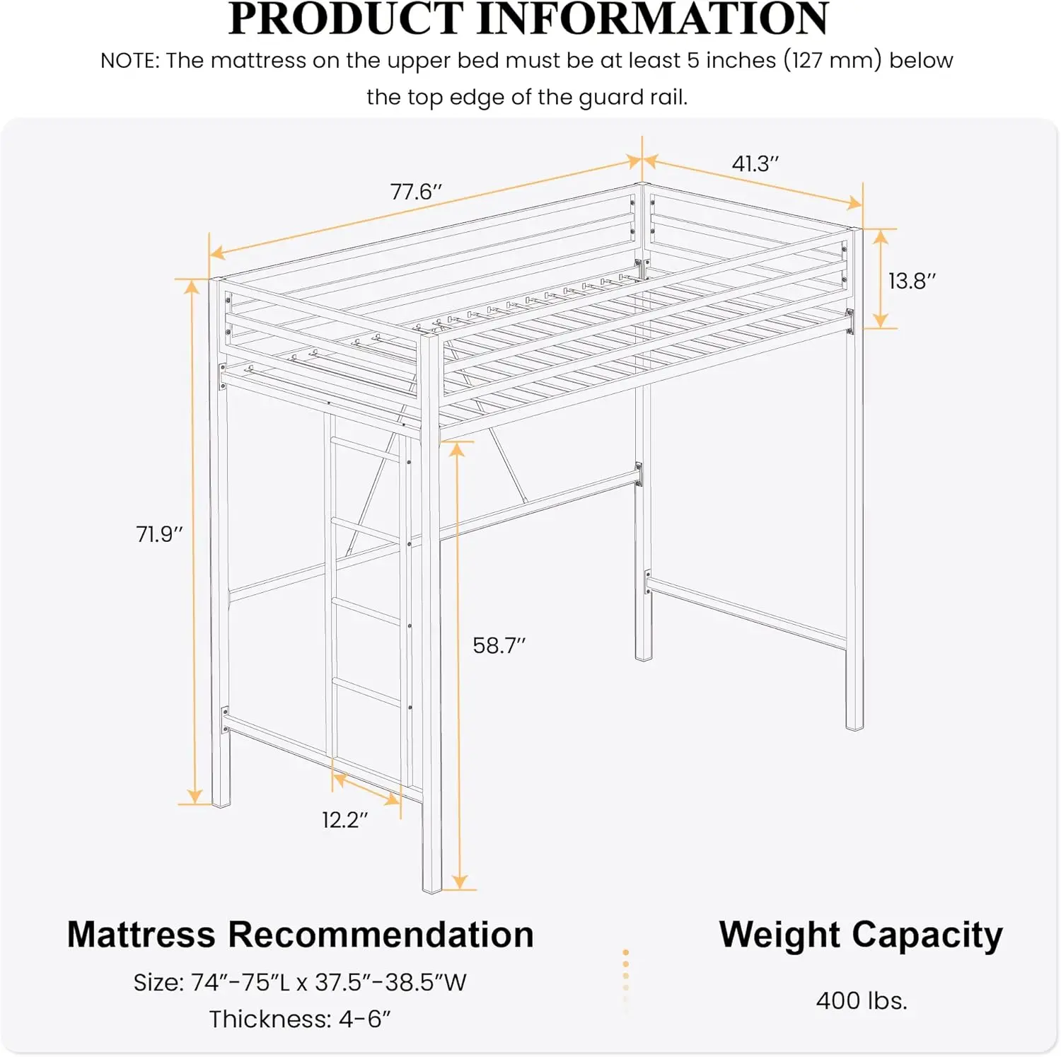 Junior Loft Bed Twin Size, Heavy Duty Twin Bed Frame with Full-Length Guardrail & Removable Stairs, Noise-Free, Space