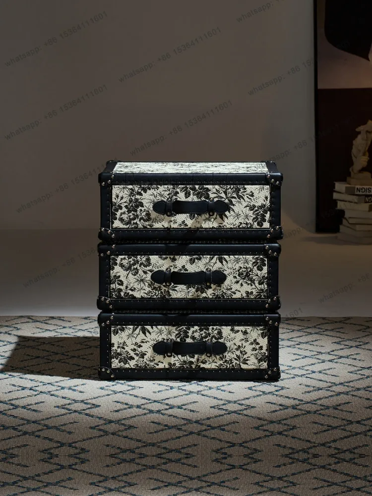 French retro rotating bedside table, black and white leather Italian minimalist bedroom, sofa side storage, light luxury