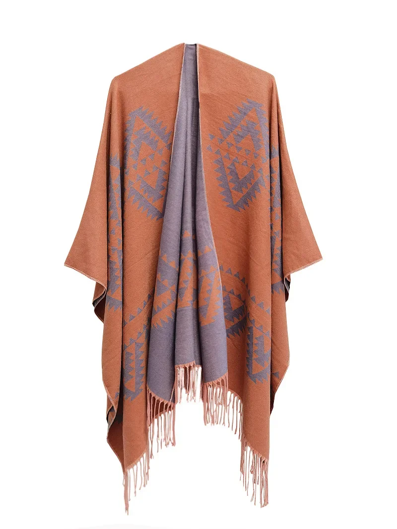 Spring Autumn Geometric Jacquard Ethnic Style Tourism Split Tassel Shawl Women Air Conditioner Poncho Lady Capes Gray Cloaks