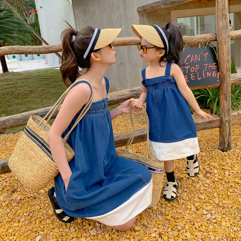 Parent-child Denim Skirt Net Red Popular Sling Removable Washable Denim Sling Tube Top Dress family matching outfits