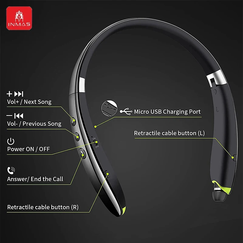 INMAS Wireless SX-991 Neckband Bluetooth Earphones Foldable Headphones TWS Hands-free Calling Earbuds Noise Cancelling Headsets