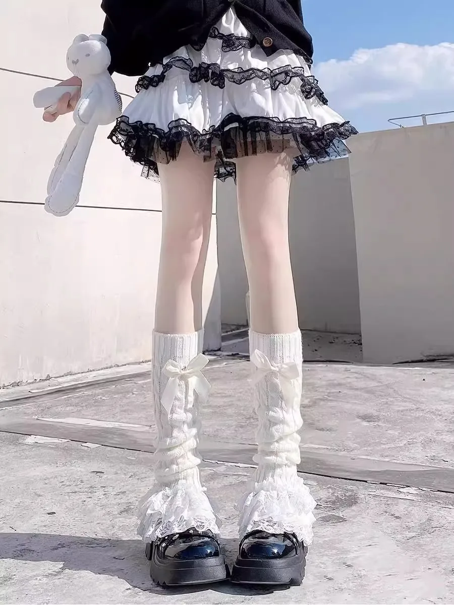 Lolita Slouchy Beinwärmer für Frauen, gerüschte Spitze, Kawaii Wadenabdeckungen, JK-Uniform, Schleifen-Strickstiefelmanschetten, süße Gothic-Accessoires für Mädchen – Detail 6