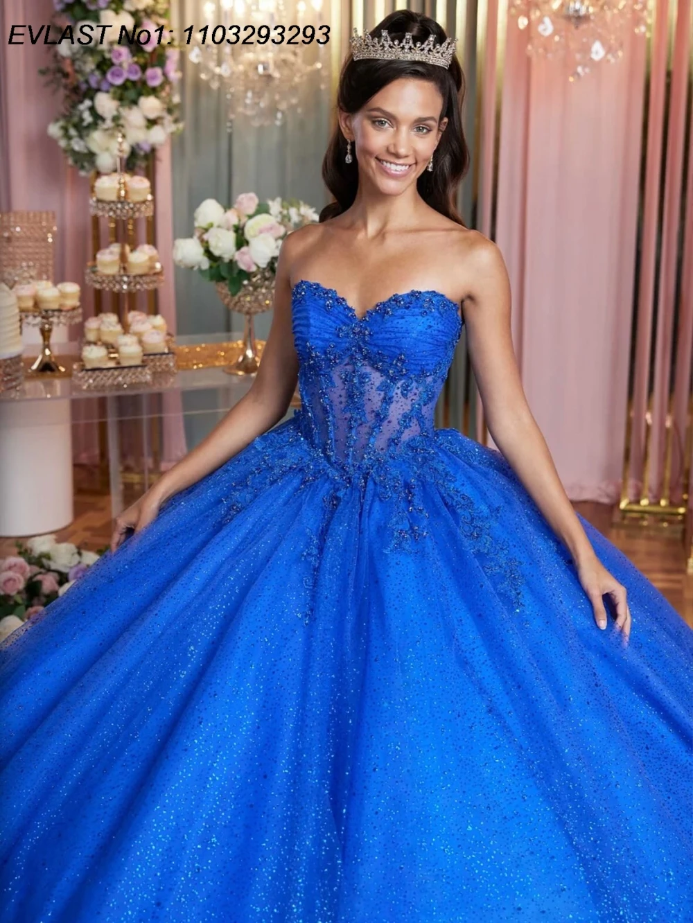 EVLAST personnalisé paillettes bleu Royal robe De bal Quinceanera robe brillant appliques perles arc doux 16 robes De 15 Anos E1QN341
