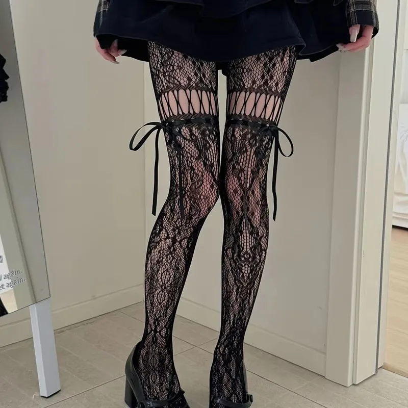 

Y2k Fashion Flower Lace Hollow Out Pantyhose Lolita Bow Knot Mesh Fishnet Stockings Women Spicy Girl JK Tights Garters Hosiery